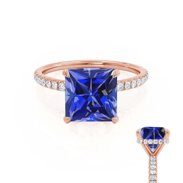 LIVELY - Chatham® Princess Blue Sapphire 18k Rose Gold Petite Hidden Halo Pavé Shoulder Set Ring