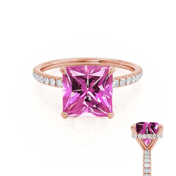 LIVELY - Chatham® Princess Pink Sapphire 18k Rose Gold Petite Hidden Halo Pavé Shoulder Set Ring