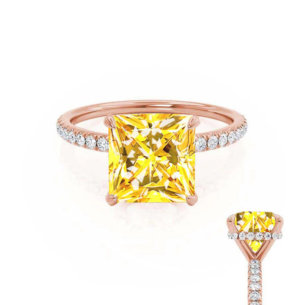 LIVELY - Chatham® Princess Yellow Sapphire 18k Rose Gold Petite Hidden Halo Pavé Shoulder Set Ring