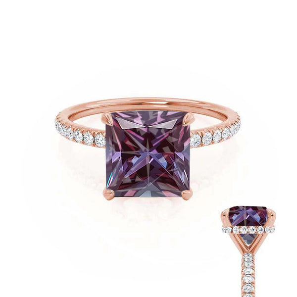 LIVELY - Chatham® Princess Alexandrite 18k Rose Gold Petite Hidden Halo Pavé Shoulder Set Ring