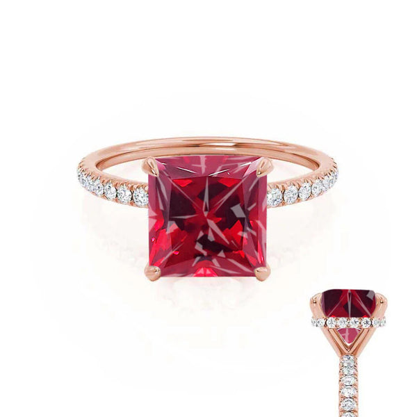 LIVELY - Chatham® Princess Ruby 18k Rose Gold Petite Hidden Halo Pavé Shoulder Set Ring