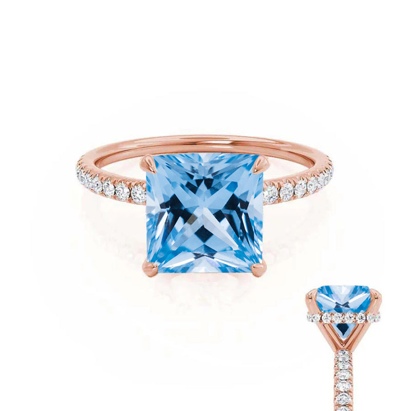 LIVELY - Chatham® Princess Aqua Spinel 18k Rose Gold Petite Hidden Halo Pavé Shoulder Set Ring