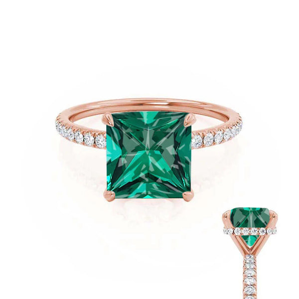 LIVELY - Chatham® Princess Emerald 18k Rose Gold Petite Hidden Halo Pavé Shoulder Set Ring