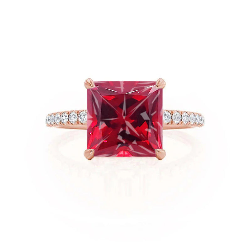 LIVELY - Chatham® Princess Ruby 18k Rose Gold Petite Hidden Halo Pavé Shoulder Set Ring