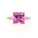 LIVELY - Chatham® Princess Pink Sapphire 18k Rose Gold Petite Hidden Halo Pavé Shoulder Set Ring