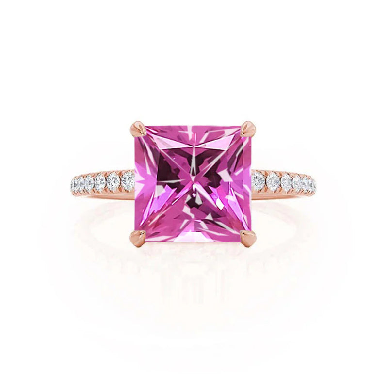 LIVELY - Chatham® Princess Pink Sapphire 18k Rose Gold Petite Hidden Halo Pavé Shoulder Set Ring