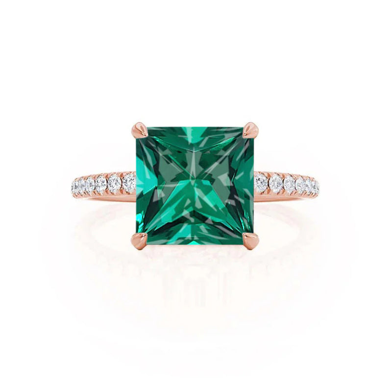 LIVELY - Chatham® Princess Emerald 18k Rose Gold Petite Hidden Halo Pavé Shoulder Set Ring