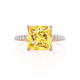 LIVELY - Chatham® Princess Yellow Sapphire 18k Rose Gold Petite Hidden Halo Pavé Shoulder Set Ring