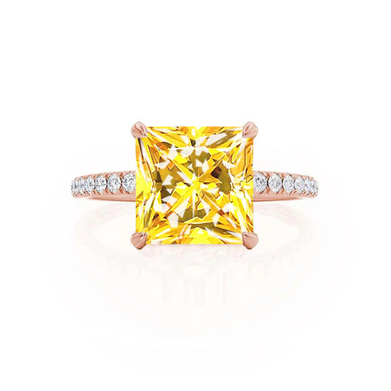 LIVELY - Chatham® Princess Yellow Sapphire 18k Rose Gold Petite Hidden Halo Pavé Shoulder Set Ring