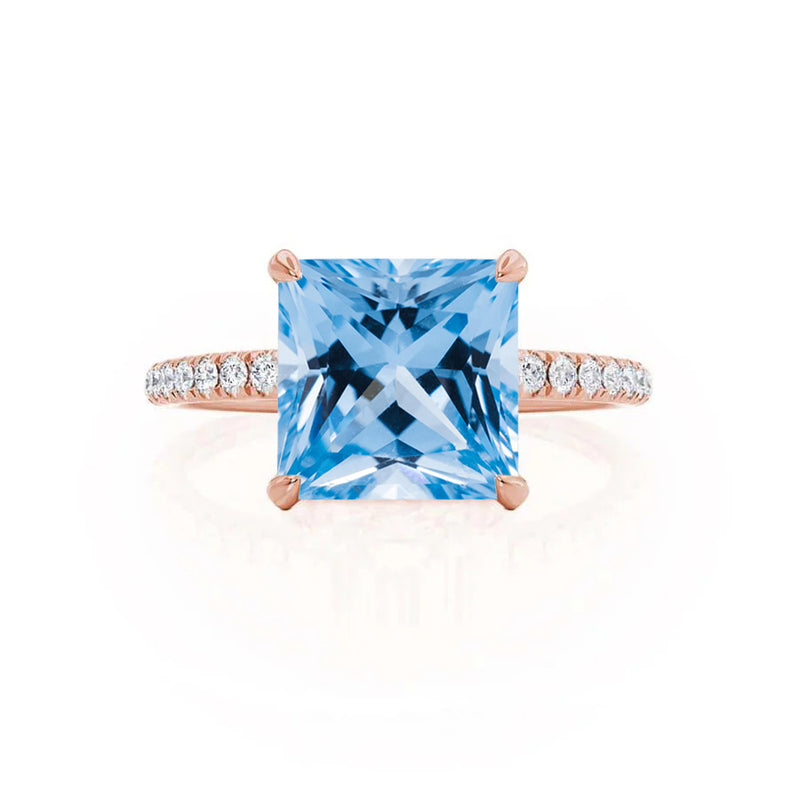 LIVELY - Chatham® Princess Aqua Spinel 18k Rose Gold Petite Hidden Halo Pavé Shoulder Set Ring