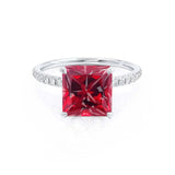 LIVELY - Chatham® Princess Ruby 18k White Gold Petite Hidden Halo Pavé Shoulder Set Ring