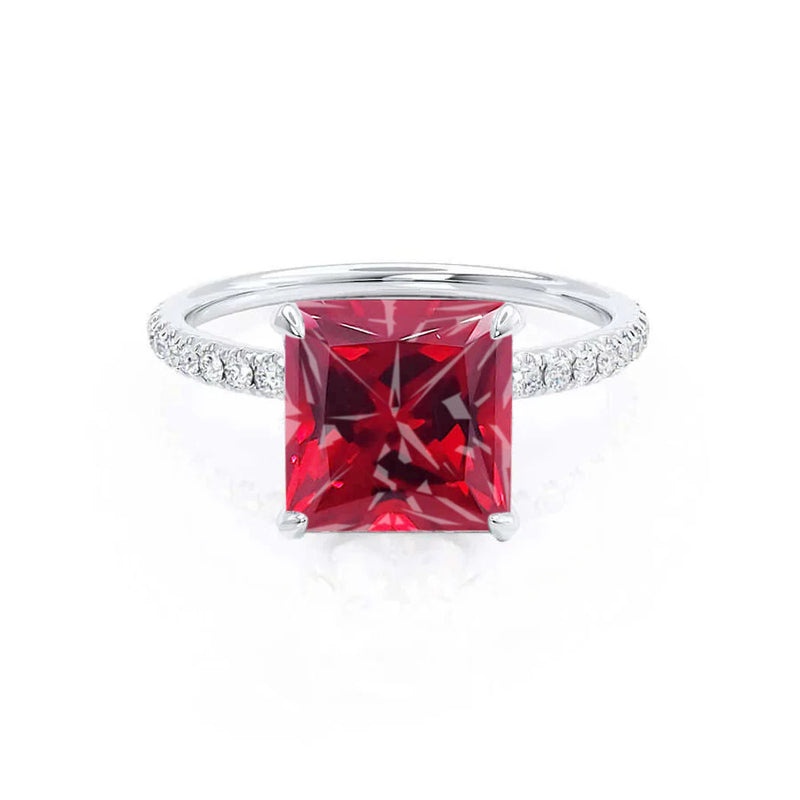 LIVELY - Chatham® Princess Ruby 18k White Gold Petite Hidden Halo Pavé Shoulder Set Ring
