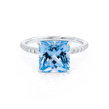 LIVELY - Chatham® Princess Aqua Spinel 950 Platinum Petite Hidden Halo Pavé Shoulder Set Ring