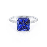 LIVELY - Chatham® Princess Blue Sapphire 950 Platinum Petite Hidden Halo Pavé Shoulder Set Ring