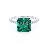 LIVELY - Chatham® Princess Emerald 950 Platinum Petite Hidden Halo Pavé Shoulder Set Ring
