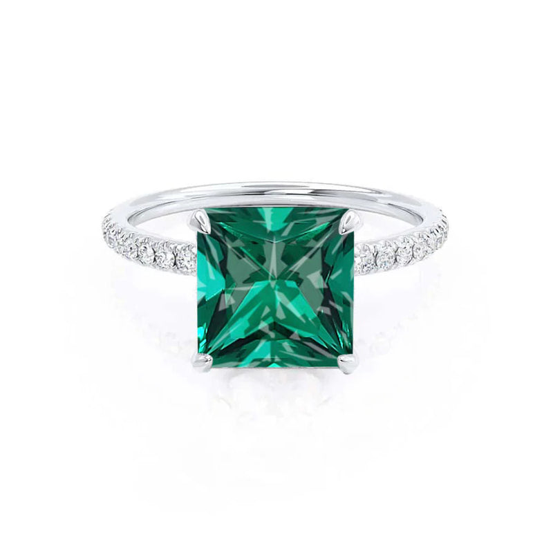 LIVELY - Chatham® Princess Emerald 950 Platinum Petite Hidden Halo Pavé Shoulder Set Ring