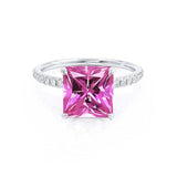 LIVELY - Chatham® Princess Pink Sapphire 950 Platinum Petite Hidden Halo Pavé Shoulder Set Ring
