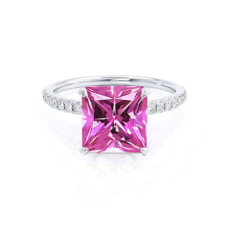 LIVELY - Chatham® Princess Pink Sapphire 950 Platinum Petite Hidden Halo Pavé Shoulder Set Ring