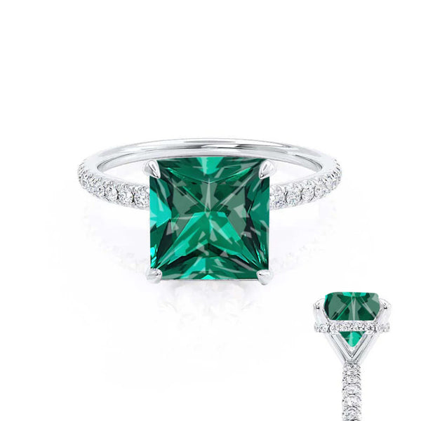 LIVELY - Chatham® Princess Emerald 950 Platinum Petite Hidden Halo Pavé Shoulder Set Ring