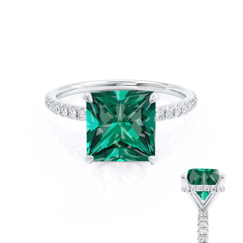 LIVELY - Chatham® Princess Emerald 950 Platinum Petite Hidden Halo Pavé Shoulder Set Ring