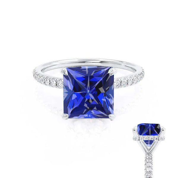 LIVELY - Chatham® Princess Blue Sapphire 950 Platinum Petite Hidden Halo Pavé Shoulder Set Ring