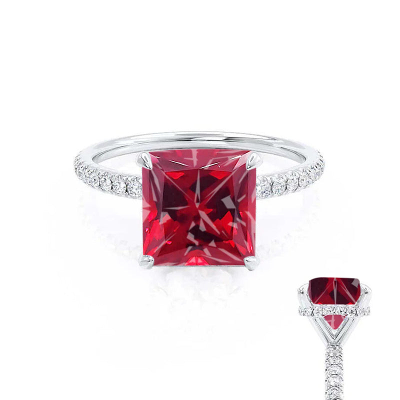 LIVELY - Chatham® Princess Ruby 18k White Gold Petite Hidden Halo Pavé Shoulder Set Ring