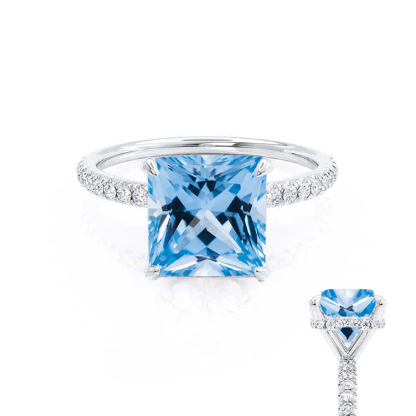 LIVELY - Chatham® Princess Aqua Spinel 950 Platinum Petite Hidden Halo Pavé Shoulder Set Ring