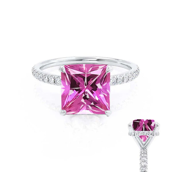 LIVELY - Chatham® Princess Pink Sapphire 950 Platinum Petite Hidden Halo Pavé Shoulder Set Ring