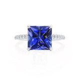 LIVELY - Chatham® Princess Blue Sapphire 950 Platinum Petite Hidden Halo Pavé Shoulder Set Ring