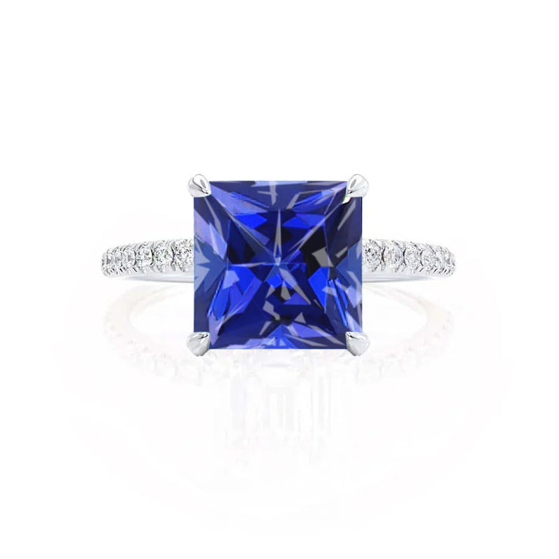 LIVELY - Chatham® Princess Blue Sapphire 950 Platinum Petite Hidden Halo Pavé Shoulder Set Ring