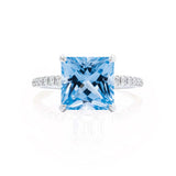 LIVELY - Chatham® Princess Aqua Spinel 950 Platinum Petite Hidden Halo Pavé Shoulder Set Ring