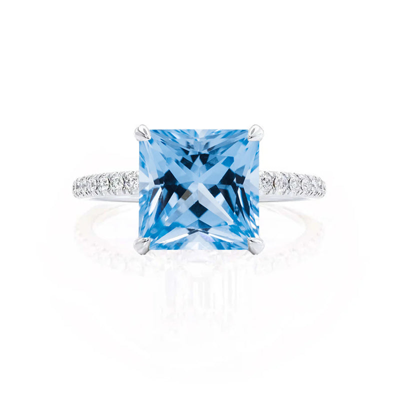 LIVELY - Chatham® Princess Aqua Spinel 950 Platinum Petite Hidden Halo Pavé Shoulder Set Ring