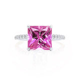 LIVELY - Chatham® Princess Pink Sapphire 950 Platinum Petite Hidden Halo Pavé Shoulder Set Ring