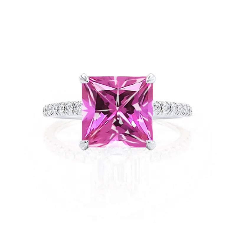 LIVELY - Chatham® Princess Pink Sapphire 950 Platinum Petite Hidden Halo Pavé Shoulder Set Ring
