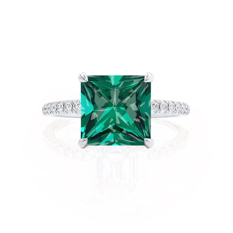 LIVELY - Chatham® Princess Emerald 950 Platinum Petite Hidden Halo Pavé Shoulder Set Ring