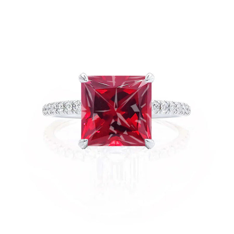 LIVELY - Chatham® Princess Ruby 18k White Gold Petite Hidden Halo Pavé Shoulder Set Ring