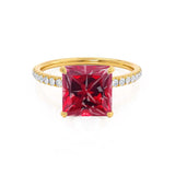 LIVELY - Chatham® Princess Ruby 18k Yellow Gold Petite Hidden Halo Pavé Shoulder Set Ring