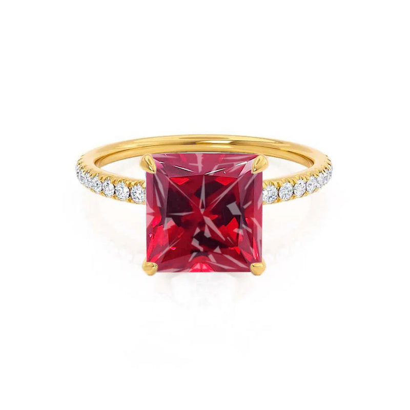 LIVELY - Chatham® Princess Ruby 18k Yellow Gold Petite Hidden Halo Pavé Shoulder Set Ring