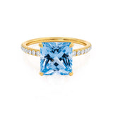 LIVELY - Chatham® Princess Aqua Spinel 18k Yellow Gold Petite Hidden Halo Pavé Shoulder Set Ring