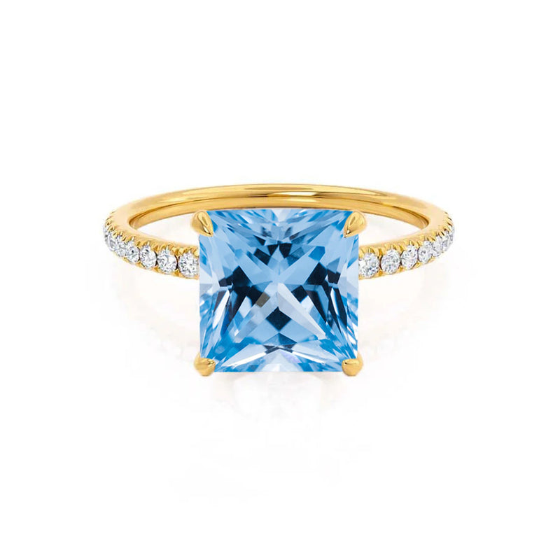 LIVELY - Chatham® Princess Aqua Spinel 18k Yellow Gold Petite Hidden Halo Pavé Shoulder Set Ring