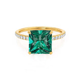 LIVELY - Chatham® Princess Emerald 18k Yellow Gold Petite Hidden Halo Pavé Shoulder Set Ring