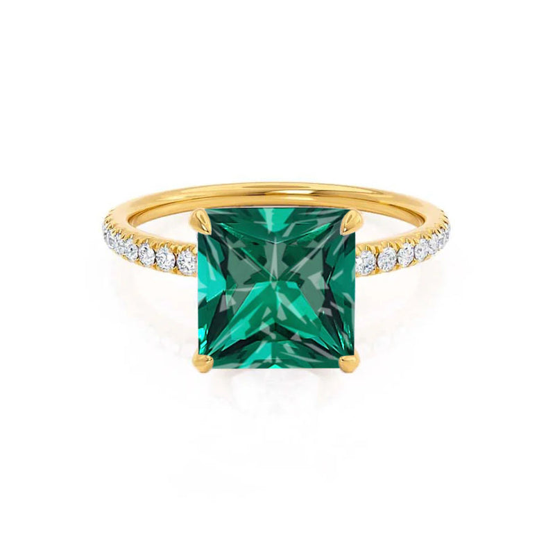 LIVELY - Chatham® Princess Emerald 18k Yellow Gold Petite Hidden Halo Pavé Shoulder Set Ring