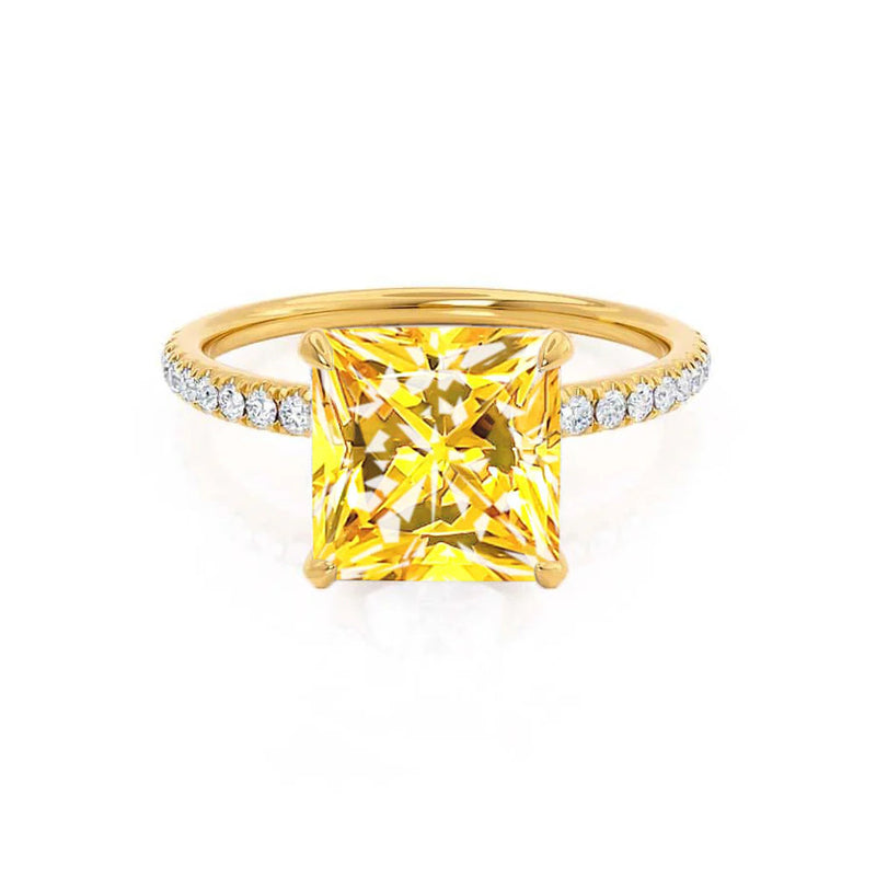 LIVELY - Chatham® Princess Yellow Sapphire 18k Yellow Gold Petite Hidden Halo Pavé Shoulder Set Ring