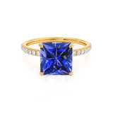LIVELY - Chatham® Princess Blue Sapphire 18k Yellow Gold Petite Hidden Halo Pavé Shoulder Set Ring