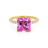 LIVELY - Chatham® Princess Pink Sapphire 18k Yellow Gold Petite Hidden Halo Pavé Shoulder Set Ring