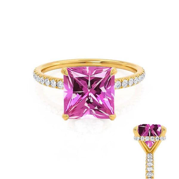 LIVELY - Chatham® Princess Pink Sapphire 18k Yellow Gold Petite Hidden Halo Pavé Shoulder Set Ring