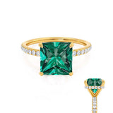 LIVELY - Chatham® Princess Emerald 18k Yellow Gold Petite Hidden Halo Pavé Shoulder Set Ring