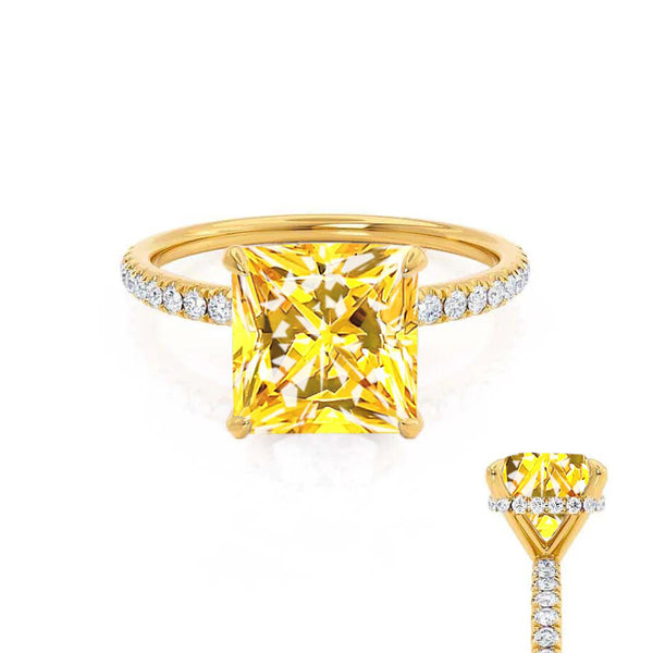 LIVELY - Chatham® Princess Yellow Sapphire 18k Yellow Gold Petite Hidden Halo Pavé Shoulder Set Ring