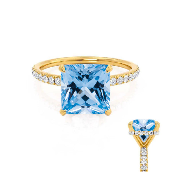 LIVELY - Chatham® Princess Aqua Spinel 18k Yellow Gold Petite Hidden Halo Pavé Shoulder Set Ring