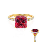LIVELY - Chatham® Princess Ruby 18k Yellow Gold Petite Hidden Halo Pavé Shoulder Set Ring